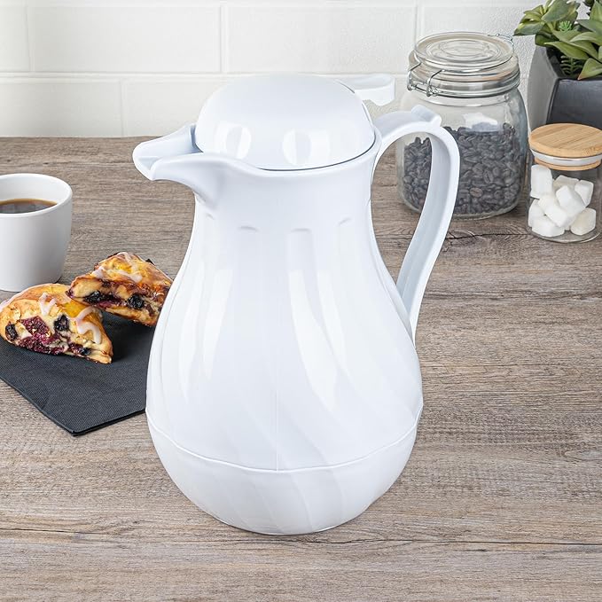 Restaurantware-Restpresso 64 Ounce Coffee Carafe, 1 Insulated Coffee Server - Push-Button Top, Swirl Design, White Plastic Pitcher, Built-In Handle, With Identification Tags