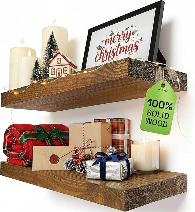 BAOBAB WORKSHOP Wood Floating Shelves for Wall - Wooden Floating Shelf 16 Inch - Rustic Bathroom Shelves for Room Wall for Kitchen Bedroom Living Room Farmhouse - Walnut Finish, 16″W × 6.7″D, Set of 2