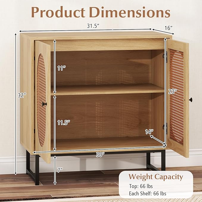 Giantex Rattan Sideboard Buffet Cabinet with Storage, Boho Sideboard with Doors & Adjustable Shelf, Small Accent Buffet Storage Cabinet with Metal Legs for Kitchen, Living Room, Entryway, Natural