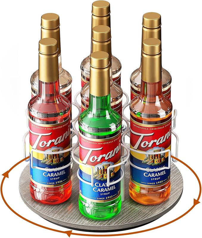 Rotating Coffee Syrup Organizer, 7 Bottles Coffee Syrup Rack for Countertop Syrup Bottle Holder Stand for Coffee Bar Station, Carbon Steel Frame with Wooden Base Coffee Bar Accessory, White