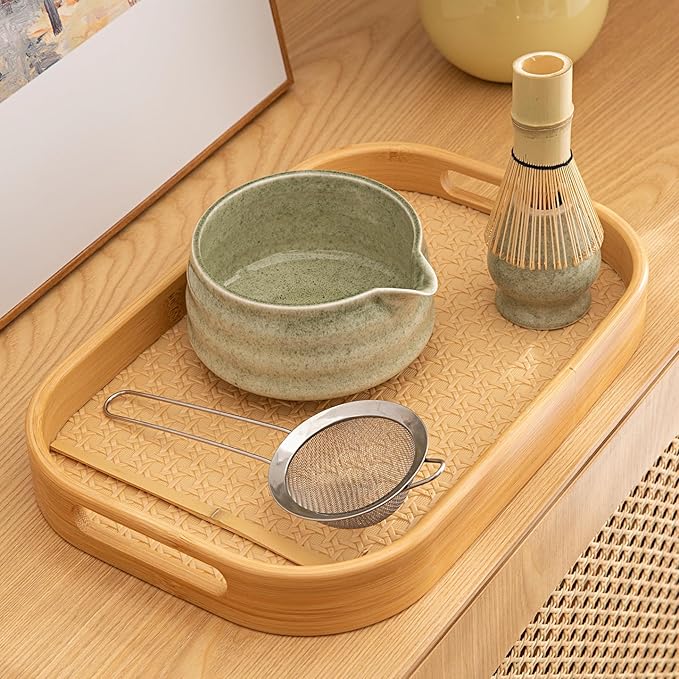 Matcha Set, Matcha Bowl with Spout, Matcha Whisk and Holder, Bamboo matcha Scoop and Stainless Sifter - 7 Pcs Jade Green Matcha Set Kit for Matcha Lover