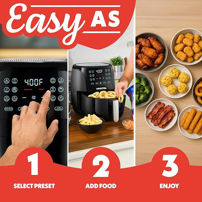 Gourmia Air Fryer Oven Digital Display 4 Quart Large AirFryer Cooker 12 1-Touch Cooking Presets, Black and Stainless Steel Accents Fry Force GAF486
