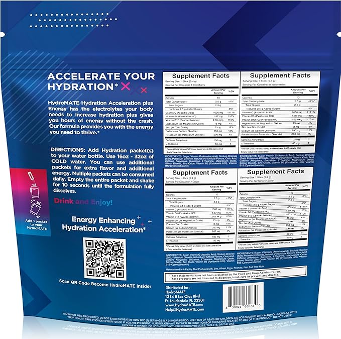 HydroMATE Electrolytes Powder Drink Mix Packets Hydration Accelerator Low Sugar Party Favors for Rapid Recovery Vitamin C Plus Caffeine Variety Pack - 30 Count