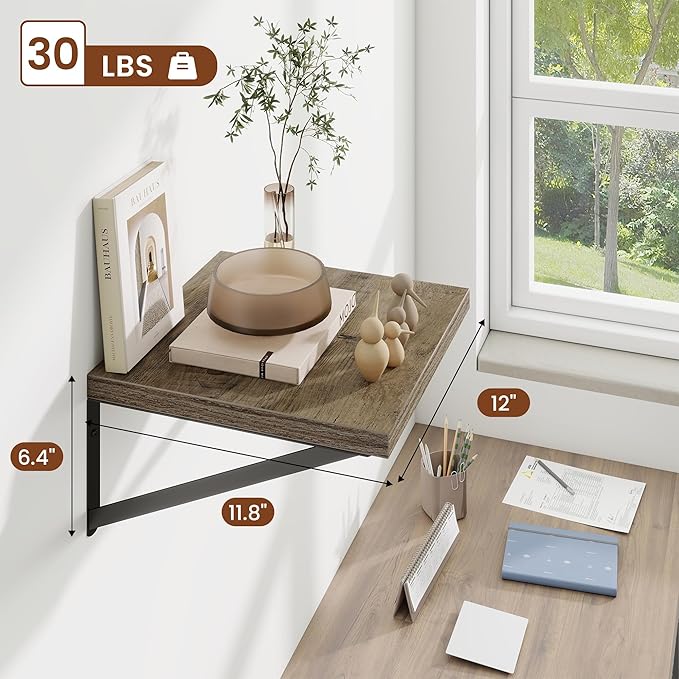 Deep Wall Shelves 12"W x 12"D Engineered Wood Floating Shelves for Wall, Sturdy Metal Bracket Bookshelves Home Decor Storage for Living Room Bedroom Bathroom Kitchen, Set of 2, Grey Finish