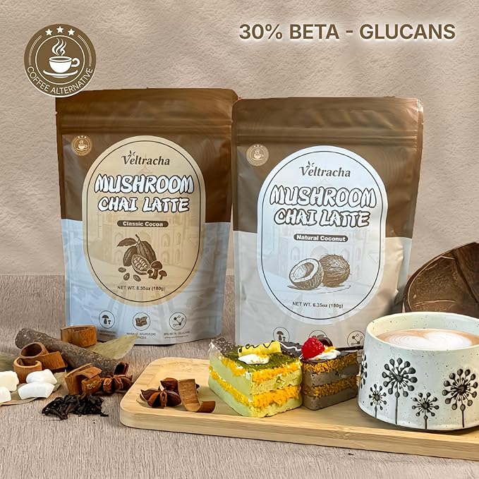 Veltracha Mushroom Chai Tea, Instant Decaf Chai Tea Powder with 6 Adaptogenic Mushrooms, Spiced Chai Latte for Energy & Focus Support, 6.35 oz 20 Servings (Natural Coconut)