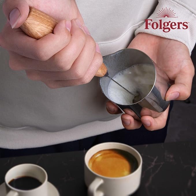 Folgers Electric Coffee Milk Frother – Handheld Battery-Operated Drink Mixer with Stainless Steel Whisk & Stand, Wood-Grain Finish, Perfect for Lattes, Cappuccinos & Hot Chocolate