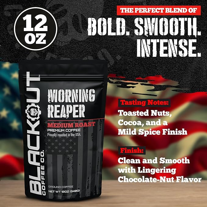 Blackout Coffee Morning Reaper Ground Coffee – Medium Roast, Bold & Strong Flavor – Freshly Roasted 12oz Bag.