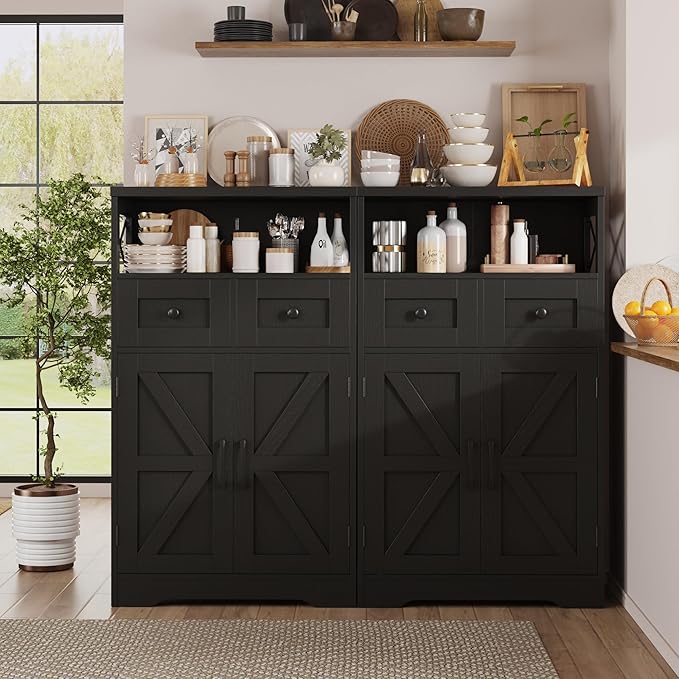 Black Storage Cabinet with Drawers and Shelves, Freestanding Black Kitchen Pantry, Floor Storage Cabinet Hutch Cupboard for Dining, Living Room, Home Office