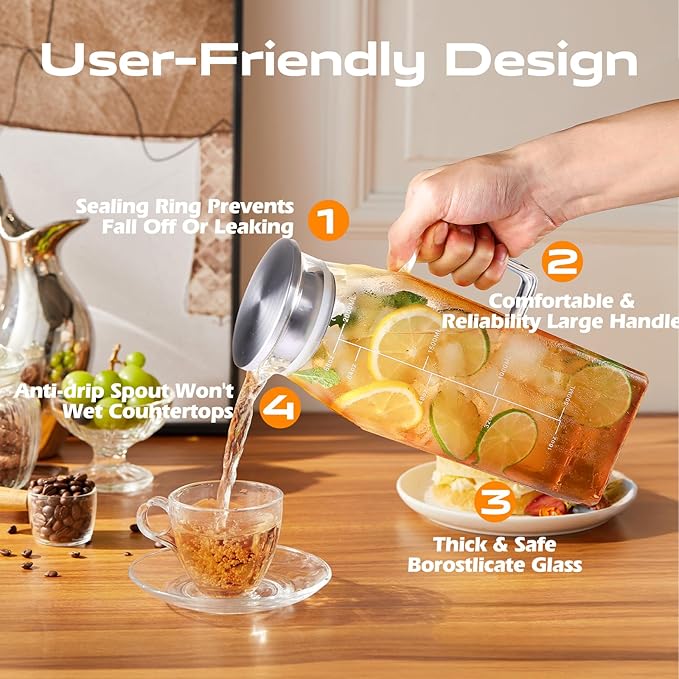 Aofmee 68oz Glass Pitcher for Fridge Door, 2 Liter Square Water Pitcher with Lid and Scale Line, Heat Resistant Tea Pitchers, Leak Proof Juice Jug, Borosilicate Glass Carafe for Hot/Cold Beverage