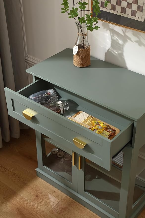 31.5'' Small Buffet Cabinet with Glass Doors,Small Coffee Bar Cabinet with Storage,Modern Sideboard Buffet with Adjustable Shelf and a Drawer,for Kitchen and Living Room,Green