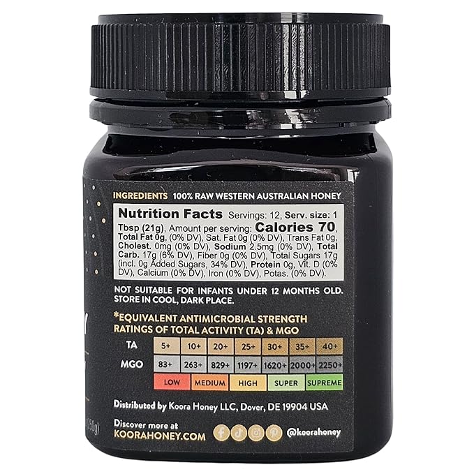 KOORA Jarrah Honey TA 35+ (MGO 2000+ Manuka Honey Rating Equiv.) Low GI, Raw Medicinal Honey for Daily Health & Immune Support, from the Wild Ancient Forests of Western Australia 8.8 oz