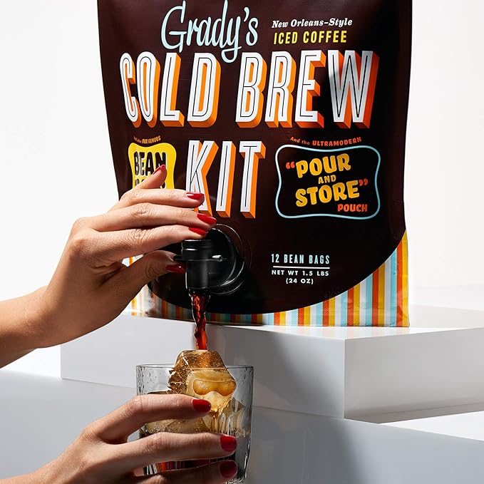 GRADY’S COLD BREW, New Orleans Style - DECAF, 100% Arabica Ground Coffee & Chicory Pouches, All-in-One Cold Brew Kit with 12 Easy-to-Brew Beans Bags, Makes 36 drinks