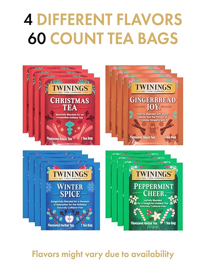 Twinings Christmas Holiday Tea Bag Variety Pack (60 Count) 4 Seasonal Flavors in Wooden Tea Chest Organizer, Gift for Women, Men, Friends, Couples, Mom, Dad, Family