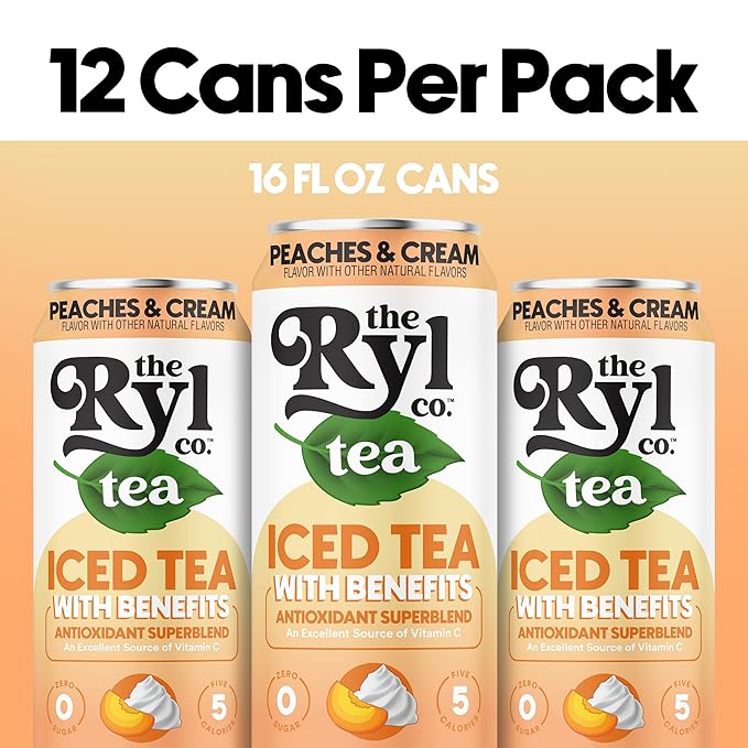 Ryl Peaches & Cream Iced Tea – Antioxidant Superblend, No Artificial Ingredients, Zero Sugar, Five Calories, Low Carb, Non-GMO, Kosher, Gluten Free, Made in the USA, 12-Pack, 16 Fl Oz