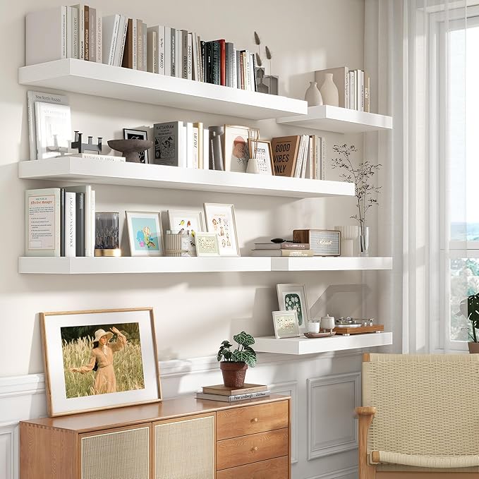 72 Inch White Floating Shelf | 12 Inch Deep Floating Shelves Set of 1 | 72" D x 12" D Rustic Wood Shelves for Wall | Deep White Shelves for Living Room Bathroom Laundry Room Kitchen