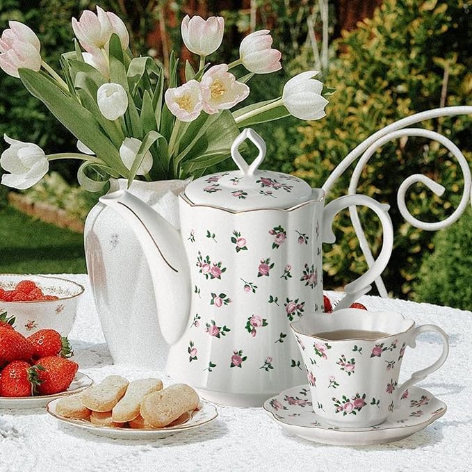 Vintage Floral Tea pot with Infuser, 33oz, Ceramic Teapot with Tea Strainers for Loose Leaf Tea, Rose Teapots for Tea Party