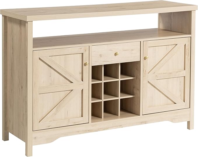 45.7” Wine Cabinet，Farmhouse Home Coffee Bar Sideboard Buffet Cabinet Liquor Storage with 9 Wine Racks & 2 Doors for Kitchen, Living and Dining Room (1, White Oak)