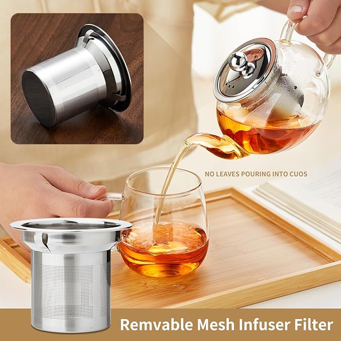 Glass Teapot with Removable Infuser, 27 oz/800ml Glass Tea Pot Small Borosilicate Tea Steeper Kettle with Loose Leaf Tea Strainer For Flower Blooming Tea, ClearTea Maker Pitcher