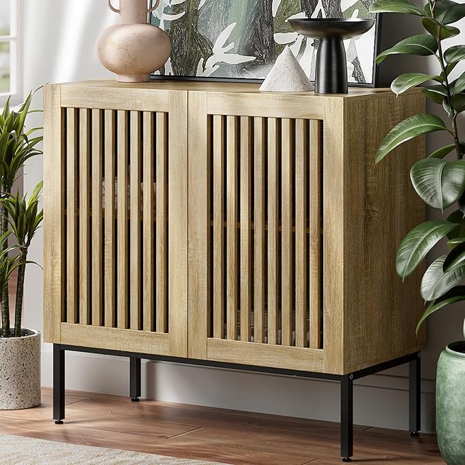 Buffet Cabinet with Storage,31.5" Farmhouse Console Table with Metal Base and Adjustable Shelf,Sideboard Coffee Bar Cabinet with 2 Doors for Kitchen,Dining Room,Living Room,Oak