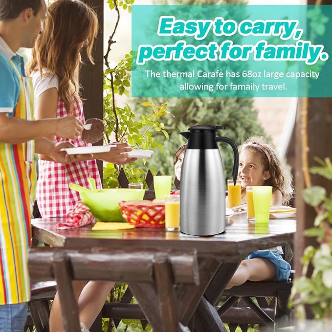 68OZ Thermal Coffee Carafes for Keeping Hot, 2 Liter Stainless Steel Thermal Carafe, Double Wall Vacuum Insulated Pitcher Tea Pot for Coffee Tea Keep Hot 12 Hours, Silver