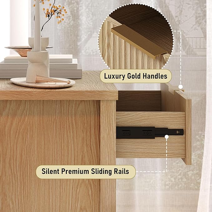 Fluted Buffet Cabinet with Drawers,32'' Sideboard Storage Cupboard Adjustable Shelves for Dinning Room, Kitchen, Living Room,Coffee Bar (32''-Wood)