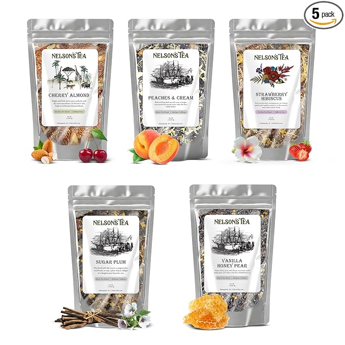 Nelson's Tea Fruit Sampler Pack - 5 Flavors Variety Pack - Loose Leaf Tea Sampler - Cherry Almond, Peaches & Cream, Strawberry Hibiscus, Sugar Plum, Vanilla Honey Pear - 2 Oz Sizes