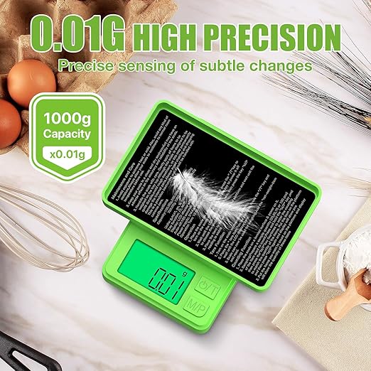 Digital Pocket Grams Scale, Diyife 1000g/0.01g High Precision, 7 Units Conversion Mini Scale with LCD Display, Tare Function for Food, Jewelry, Powder, Green