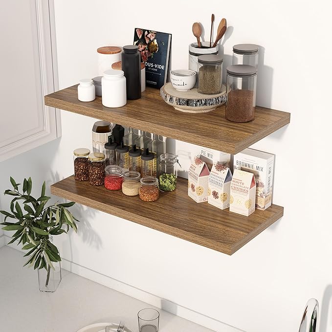 30" Floating Shelves for Wall, 12" Deep Slim Walnut Floating Shelves, Wall-Mounted Shelves for Bedroom, Living Room, Kitchen, Bathroom - Set of 2
