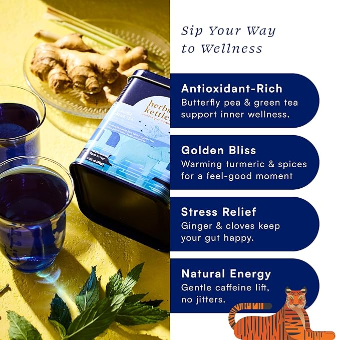 Herbs & Kettles Tea Gift Combo Set - Masala Chai, Calming Golden Latte & Lavish Blue Tea - Premium Loose Leaf Tea Collection - Relaxing, Energizing, and Refreshing Tea Variety Pack (3 Pack)
