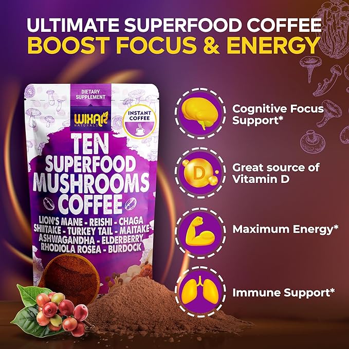 WIXAR Superfood Mushroom Coffee - Instant Coffee Powder, Ten Superfood Extracts with Lion's Mane, Turkey Tail, Reishi, Chaga, Shiitake, Ashwagandha, Rhodiola Rosea, Elderberry, 5oz Mushroom Supplement