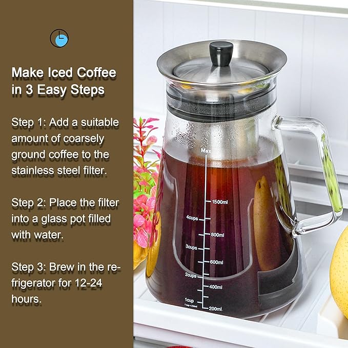 Aquach Airtight Cold Brew Coffee (Iced Tea) Maker 51oz/1.5L, BPA-Free, Durable Borosilicate Glass Pitcher and Stainless Steel Fine-Mesh Filter, Dishwasher Safe, Spill-proof, 6 Cups Capacity
