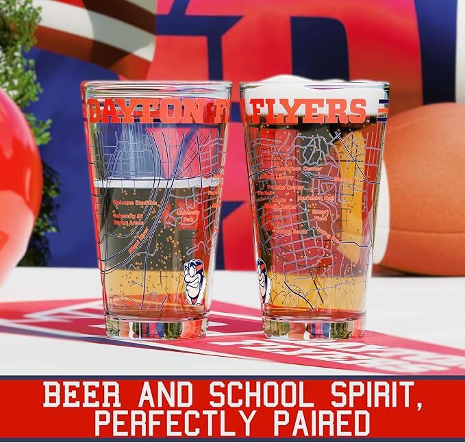 Greenline Goods – University of Dayton Flyers College Pint Beer Glasses (Set of 2), 16 oz – Full-Color Logo + Campus Map