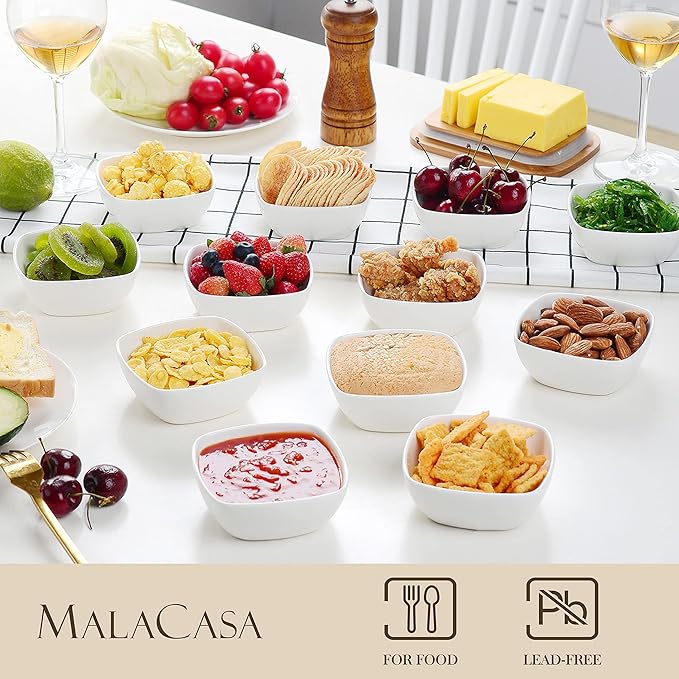 MALACASA 5 oz Porcelain Dip Bowls Set, 12 Pack Small Ramekins, Dipping Sauce Dishes, Stackable Tiny Ramekins for Pudding, Souffle, Brulee, Dessert, Snack, Charcuterie Boards accessories, Oven Safe