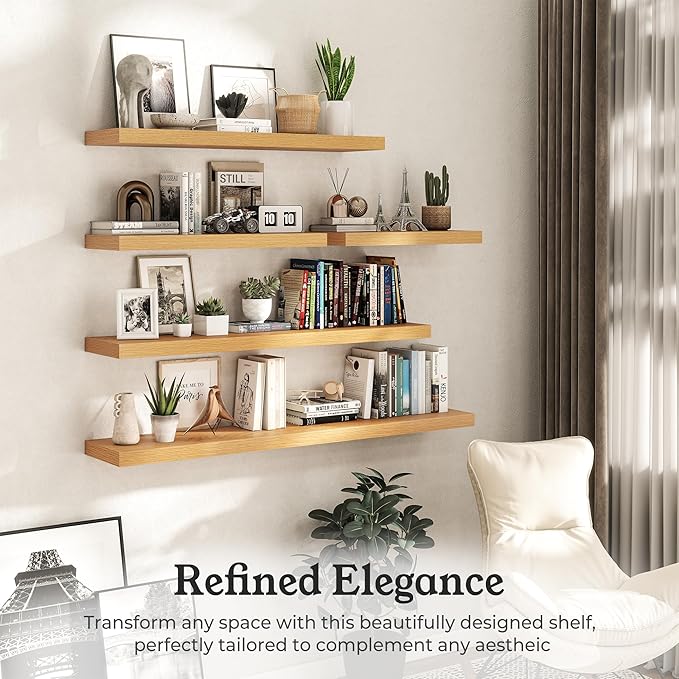 Floating Shelves for Wall, 9.3" Deep Wall Mounted Wood Shelves for Bathroom, Bedroom, Living Room, Kitchen, Hanging Shelf for Books/Storage/Room Decor (Oak, 48")