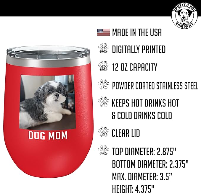 Personalized Mothers Day 12oz Photo Printed Insulated Stainless Steel Powder Coated Stemless Wine Tumbler with Lid, Customized Mum Gift Idea for Her, Custom Mom Coach Gifts Team (Red)