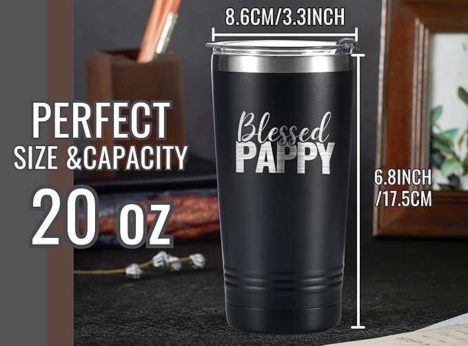 Onebttl Pappy Gifts, Grandpa Father's Day Gifts from Grandchildren, Laser Engraved Design, 20oz/590ml, Stainless Steel Tumbler with Straw & Lid, Black - Blessed PAPPY