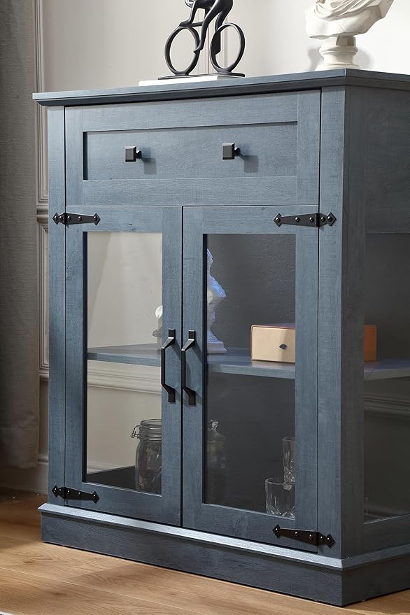 Modern 31.5'' Small Sideboard Buffet Cabinet with Storage,Small Coffee bar Cabinet with a Drawer and Adjustable Shelf,Glass Doors Sideboard Buffet with LED for Kitchen,Blue