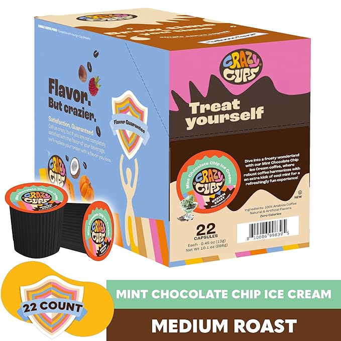 Crazy Cups Chocolate Coffee Pods, Mint Chocolate Chip Ice Cream Coffee Pods for K Cup Keurig Machines, Brew Hot or Iced, 22 Count