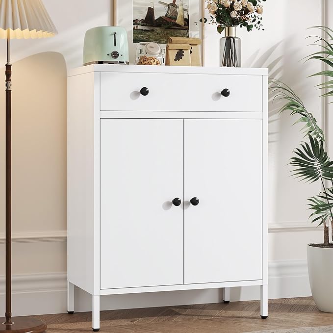 Metal Storage Cabinet with Drawer and Adjustable Shelf, White Steel Sideboard Buffet Cabinet, 35.4" H Coffee Bar Cabinet for Kitchen, Dining Room, Entryway