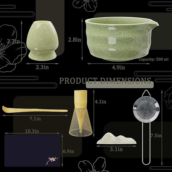 8-Piece Matcha Whisk Set with Ceramic Bowl & Bamboo Tools, Complete Japanese Matcha Tea Ceremony Kit, Green Speckled Chawan with Spout, Matcha Starter Set for Home Rituals & Gifts