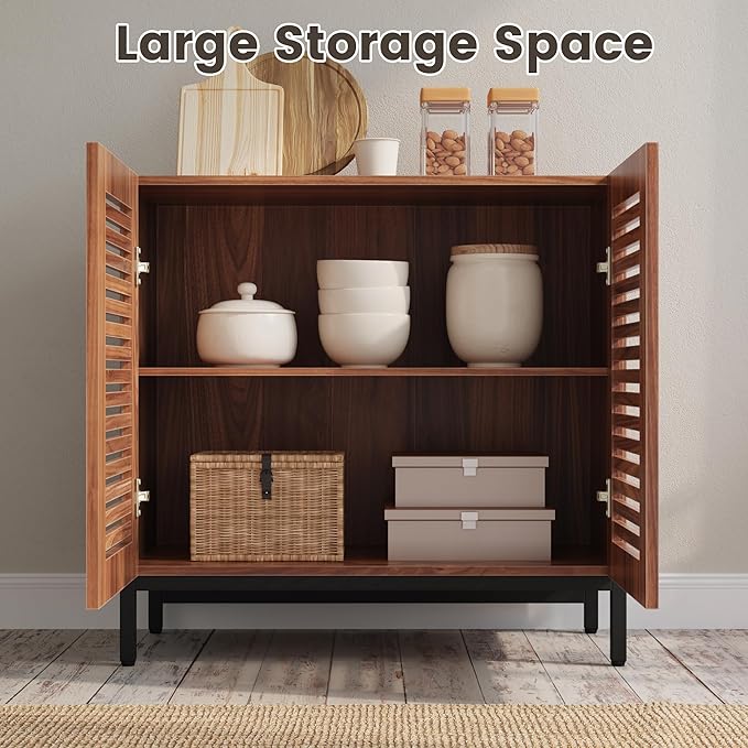 JOMEED Buffet Sideboard Cabinet with Grille-Striped Doors & Adjustable Shelf, Wood Storage Cabinet for Kitchen, Dining Room, Living Room, Entryway Walnut