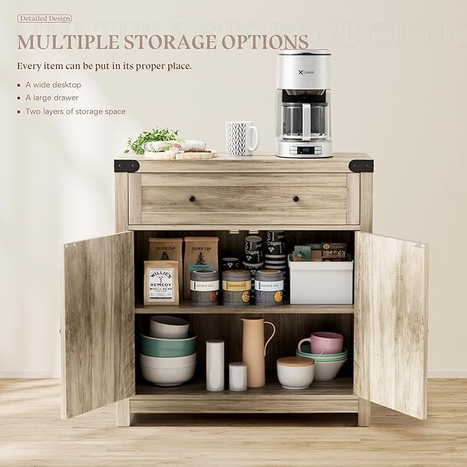 YESHOMY Coffee Bar and Accent Cabinet, Farmhouse Barn Door Buffet Sideboard with Drawer and Adjustable Shelf, Wide Desktop for Kitchen, Dining Room, Bathroom, Entryway, Oak