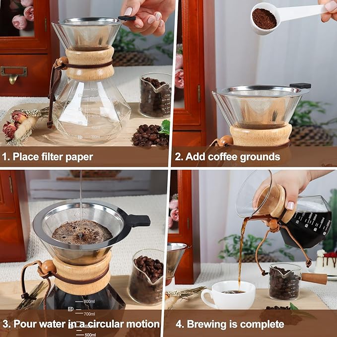 Pour Over Coffee Pot Set 800ml 27.1oz Features 304 Stainless Steel Filter Glass Coffee Pot with High Borosilicate Glass Duckbill Spout Design Solid Wood Handle Pour Over Coffee Daily Brewing