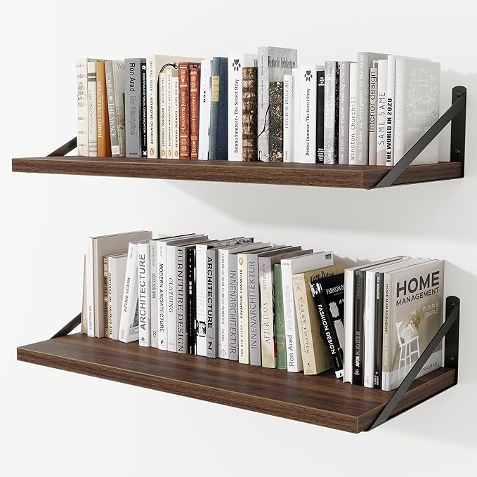 Deep Wall Shelves 30"W x 12"D Engineered Wood Floating Shelves for Wall, Sturdy Metal Bracket Bookshelves Home Decor Storage for Living Room Bedroom Bathroom Kitchen, Set of 2, Walnut Finish