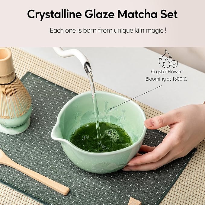 Matcha Whisk Set, Handcrafted Crystalline Glaze Matcha Set, 8 Pcs Matcha Kit Includes Matcha Bowl, Whisk with Holder, Bamboo Scoop & Spoon, Sifter and Tea Towel, Ceremonial Matcha Tea Set