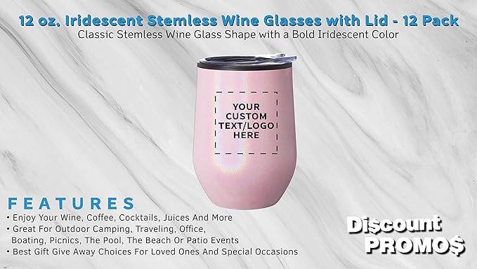 Custom Palmera Stemless Wine Tumblers with Lids 12 oz. Set of 12, Personalized Bulk Pack - Perfect for Wine, Cocktails, Other Hot & Cold Beverages - Iridescent Pink