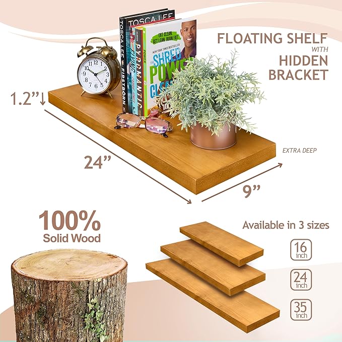 Sorbus Wood Floating Shelves for Wall - 24” Solid Wall Shelves for Bathroom, Bedroom & Living Room - Set of 2 Maple Wood Wall Mounted Shelves - Durable Solid Pine