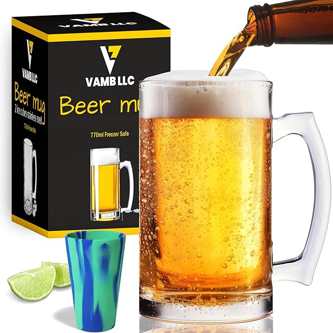 Glass Beer Mug Freezer Safe, 26 oz Mug Beer Stein with Handle, Large