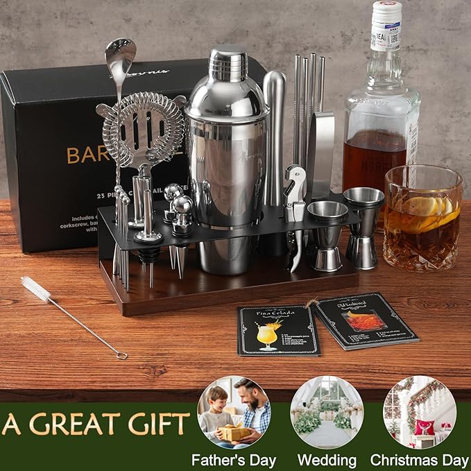 23-Piece Bartender Kit, Cocktail Shaker Set with Stand | Bar Drink Mixer Set with All Essential Bar Tools: Martini Shaker, Jigger, Strainer, Muddler, Pourers, for Home, Bar, Party (Black)