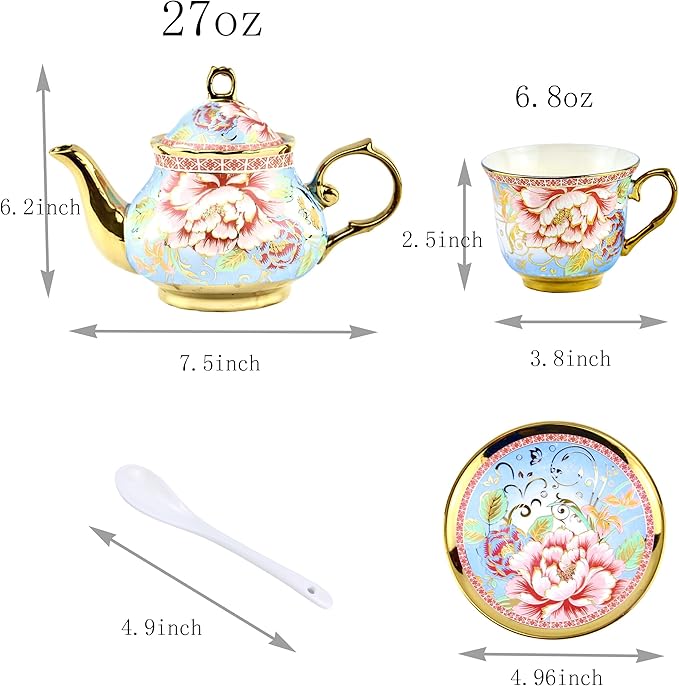 20 Pieces Porcelain Tea Set With Metal Holder, European Ceramic tea set for adults,Flower Tea Set,Tea Set For Women With Flower Painting(Large version, Light Blue))